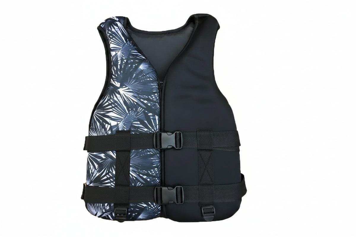 Chaleco salvavidas de neopreno OLA Paddle & Surf, color negro con estampado hoja de arce